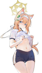 Rule 34 | 1girl, absurdres, animal ear fluff, animal ears, blue archive, blue eyes, blush, bra, bra peek, closed mouth, clothes lift, flower, from below, gym shirt, gym shorts, gym uniform, hair flower, hair ornament, hairband, halo, headband, highres, lifted by self, long hair, looking at viewer, mari (blue archive), mari (track) (blue archive), navel, official alternate costume, orange hair, painterliuhao, ponytail, shirt, shirt lift, short sleeves, shorts, solo, standing, sweat, underwear, wet, wet clothes, wet shirt, white bra, white flower, white headband, yellow halo