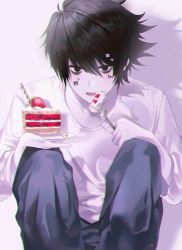 Rule 34 | 1boy, bad id, bad twitter id, bags under eyes, black eyes, black hair, black pants, cake, cake slice, chromatic aberration, collarbone, death note, drop shadow, eating, feet out of frame, food, fork, fruit, glint, hair between eyes, hair ornament, highres, holding, holding fork, holding plate, isobe47, l (death note), long sleeves, looking at viewer, male focus, open mouth, pants, plate, shirt, short hair, solo, squatting, strawberry, strawberry cake, swept bangs, white shirt