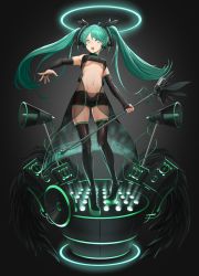 Rule 34 | 1girl, banajune, black footwear, black thighhighs, boots, bridal gauntlets, green eyes, green hair, halo, hatsune miku, highres, long hair, microphone, microphone stand, navel, open mouth, pigeon-toed, platform boots, platform footwear, revision, see-through, short shorts, shorts, solo, speaker, thigh boots, thighhighs, twintails, very long hair, vocaloid