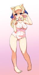 Rule 34 | 1girl, absurdres, animal ears, blonde hair, blue eyes, blush, breasts, cat ears, fang, gradient background, harigane shinshi, highres, large breasts, long hair, one-piece swimsuit, open mouth, original, paw pose, school swimsuit, solo, swimsuit, white one-piece swimsuit, white school swimsuit