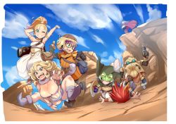 Rule 34 | 3boys, 3girls, armpits, ayla (chrono trigger), blonde hair, breasts, chrono (series), chrono trigger, cleavage, crono (chrono trigger), faceplant, frog (chrono trigger), glasses, helmet, high ponytail, huge breasts, large breasts, long hair, looking at viewer, lucca ashtear, magus (chrono trigger), marle (chrono trigger), multiple boys, multiple girls, nuezou, one eye closed, ponytail, robo (chrono trigger), shield, smile, square enix
