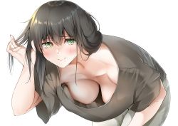 Rule 34 | 1girl, absurdres, bent over, black hair, blush, breasts, closed mouth, commentary request, downblouse, green eyes, hanging breasts, highres, large breasts, leaning forward, len (hand linke), no bra, original, short sleeves, simple background, smile, solo, white background