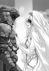 Rule 34 | 1boy, 1girl, :d, armor, blindfold, blurry, blurry background, breastplate, breasts, bridal gauntlets, covered eyes, dress, from side, goblin slayer, goblin slayer!, greyscale, hair between eyes, helmet, highres, kannatsuki noboru, large breasts, lens flare, long hair, long sleeves, monochrome, no bra, no panties, novel illustration, official art, open mouth, pauldrons, shoulder armor, smile, standing, sword maiden, very long hair
