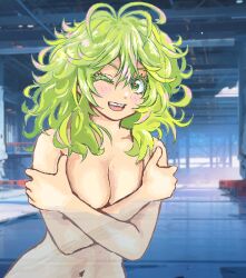 Rule 34 | 1girl, boku no hero academia, commentary request, green eyes, green hair, hagakure tooru, highres, long hair, looking at viewer, messy hair, mizumori keiichi, multicolored hair, navel, nude, one eye closed, open mouth, pink hair, semi-transparent, solo, thick eyelashes, unusually visible, upper body
