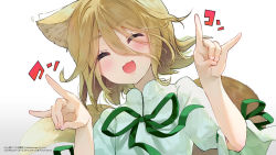 Rule 34 | 1girl, animal ears, blonde hair, blush, bow, closed eyes, double fox shadow puppet, eyes visible through hair, fox ears, fox shadow puppet, fox tail, gradient background, green bow, grey background, hair between eyes, hands up, jumpsuit, kudamaki tsukasa, open mouth, short hair, short sleeves, simple background, smile, solo, syuri22, tail, touhou, touhou unreal mahjong, upper body, white background, white jumpsuit, white sleeves, wide sleeves