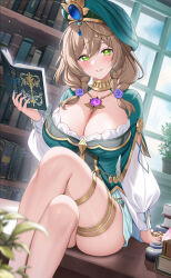 Rule 34 | 1girl, absurdres, bare legs, book, breasts, brown hair, cleavage, crossed legs, curly hair, desk, eyebrows hidden by hair, fukuro daizi, genshin impact, green eyes, hair between eyes, hat, highres, holding, holding book, indoors, large breasts, leg belt, lisa (a sobriquet under shade) (genshin impact), lisa (genshin impact), long hair, looking at viewer, on desk, open mouth, shelf, sitting, on desk, smile, solo, twintails, window