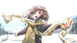Rule 34 | 1girl, black jacket, blazer, blue sky, blush, bow, bowtie, breath, brown cardigan, brown eyes, brown hair, cardigan, cloud, commentary request, day, hair blowing, highres, holding, holding clothes, holding scarf, jacket, leaning back, looking up, medium hair, open clothes, open jacket, open mouth, original, outdoors, outstretched arms, plaid, plaid scarf, power lines, scarf, school uniform, sky, snow, snowing, solo, soragane (banisinngurei), spread arms, striped bow, striped bowtie, striped clothes, striped neckwear, teeth, tree, upper body, upper teeth only, utility pole, wind, winter