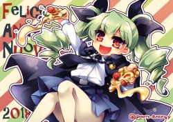 Rule 34 | 10s, 1girl, :d, anchovy (girls und panzer), anzio school uniform, belt, black belt, black cape, black necktie, black skirt, cape, commentary request, diagonal stripes, dress shirt, drill hair, flag background, food, girls und panzer, green hair, holding, holding food, invisible chair, italian text, long hair, long sleeves, looking at viewer, miniskirt, multicolored background, necktie, oigetsudou (byakuya yuu), open mouth, pantyhose, pizza, pleated skirt, red eyes, school uniform, shirt, sitting, skirt, smile, solo, striped, striped background, translation request, twin drills, twintails, twitter username, white pantyhose, white shirt