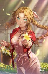 Rule 34 | 1girl, aerith gainsborough, basket, belt, belt buckle, bow, bracelet, breasts, brown belt, brown eyes, buckle, buttons, chromatic aberration, church, cleavage, collarbone, cropped jacket, daisy, dress, final fantasy, final fantasy vii, final fantasy vii remake, fingernails, flower, green eyes, hair bow, hair ribbon, highres, holding, holding flower, iria (yumeirokingyo), jacket, jewelry, light particles, light rays, lily (flower), long hair, looking at viewer, medium breasts, open belt, open clothes, open jacket, parted lips, petals, pink bow, pink dress, pink ribbon, red flower, red jacket, red rose, ribbon, rose, short sleeves, sidelocks, signature, smile, solo, twitter username, unzipped, yellow flower, zipper