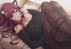 Rule 34 | 1girl, :p, animal ears, black pantyhose, black shirt, blue eyes, blush, breasts, cat ears, cat tail, collar, collarbone, couch, from above, hair over shoulder, highres, ichinose shiki, idolmaster, idolmaster cinderella girls, knees up, long hair, lying, medium breasts, nail polish, off-shoulder shirt, off shoulder, on back, on couch, pantyhose, red hair, ryuu., shirt, solo, tail, tongue, tongue out