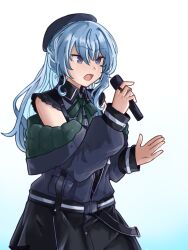 1girl belt beret black_belt black_dress black_hat blue_eyes blue_hair bow bowtie collared_dress colored_inner_hair dress green_bow green_bowtie grey_jacket hat highres holding holding_microphone hololive hoshimachi_suisei hoshimachi_suisei_(casual) jacket long_hair long_sleeves microphone multicolored_hair music official_alternate_hairstyle open_mouth orakuru_(oracle_art) quilted_jacket short_sleeves singing solo star_(symbol) star_in_eye symbol_in_eye two-sided_fabric two-sided_jacket virtual_youtuber wrist_cuffs