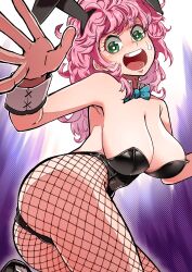 Rule 34 | 1girl, :o, animal ears, ass, bare shoulders, black leotard, blue bow, blue bowtie, bow, bowtie, breasts, detached collar, fake animal ears, fishnet pantyhose, fishnets, green eyes, hand up, highres, large breasts, leotard, long hair, looking at viewer, mamayuyu, osusowake, pantyhose, pink hair, playboy bunny, rabbit ears, solo, standing, strapless, strapless leotard, sweatdrop, twisted torso, wavy hair, wool pool elysia, wrist cuffs