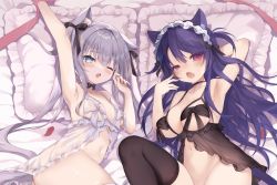 Rule 34 | 2girls, animal ears, armpits, babydoll, bad id, bad twitter id, bed, bed sheet, black babydoll, black legwear, blue eyes, blue hair, blush, bow, breasts, cat ears, cat girl, cat tail, choker, commentary request, fang, hair bow, highres, honoka chiffon, long hair, looking at viewer, maid headdress, medium breasts, multiple girls, navel, no panties, one eye closed, open mouth, original, petals, pillow, red eyes, ribbon, silver hair, small breasts, stretched limb, tail, thighhighs, twintails, white babydoll, white legwear, yawning