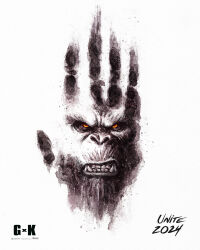 Rule 34 | 2024, angry, ape, artist request, crossover, english text, fangs, glowing, glowing eyes, godzilla (series), godzilla x kong: the new empire, gorilla, handprint, highres, kaijuu, king kong, king kong (series), legendary pictures, looking at viewer, monsterverse, movie poster, no humans, official art, open mouth, simple background, teaser poster, teeth, warner bros, white background, yellow eyes