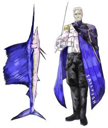 Rule 34 | 1boy, absurdres, animal, blue cape, cape, facial hair, fish, grey background, highres, holding, holding sword, holding weapon, male focus, mustache, old, old man, original, personification, rapier, simple background, solo, standing, subakeye, sword, swordfish, turtleneck, weapon, white hair