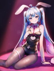 Rule 34 | 1girl, ahoge, animal ears, arm behind head, bare shoulders, black ribbon, blue eyes, blue hair, card, center-flap bangs, clothing cutout, colored inner hair, cuffs, detached collar, fake animal ears, feet out of frame, fishnet pantyhose, fishnets, hair ornament, hair ribbon, halter leotard, halterneck, handcuff dangle, handcuffs, hatsune miku, headband, heart, heart cutout, highres, leotard, licking lips, light particles, long hair, multicolored hair, narrowed eyes, naughty face, official alternate costume, pantyhose, pink hair, pink pupils, playboy bunny, playing card, pull, rabbit ears, rabbit hair ornament, rabbit hole (vocaloid), ribbon, shiny skin, sitting, solo, spotlight, suiren nei, thighs, tongue, tongue out, twintails, very long hair, vocaloid, white headband, wrist cuffs, x hair ornament, yokozuwari