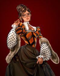 Rule 34 | 1girl, absurdres, bad id, bad twitter id, beehive hairdo, black skirt, body freckles, breasts, brown eyes, brown hair, cleavage, closed mouth, freckles, glasses, highres, long sleeves, looking at viewer, medieval, medium breasts, multicolored hair, original, pelt, pince-nez, red background, round eyewear, simple background, skirt, smile, solo, streaked hair, wass nonnam