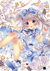 Rule 34 | 1girl, ace (playing card), ace of hearts, apron, arm up, bad id, bad pixiv id, black bow, black ribbon, bloomers, blue bow, blue dress, blue footwear, blush, bobby socks, bow, brown hair, candy wrapper, card, center frills, club (shape), diamond (shape), dress, floating hair, flower, frilled apron, frills, grey background, hair bow, hand up, head tilt, heart, highres, key, long hair, looking at viewer, marker (medium), neck ribbon, open mouth, original, playing card, puffy short sleeves, puffy sleeves, purple eyes, puu (kari---ume), ribbon, rose, shoes, short sleeves, sidelocks, socks, solo, spade (shape), striped, striped bow, traditional media, twintails, underwear, very long hair, white apron, white bloomers, white flower, white rose, white socks