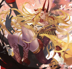 Rule 34 | 1girl, 2017, artist name, artist request, black cat, blonde hair, breasts, bug, butterfly, cat, commentary request, fang, fate/grand order, fate (series), fingernails, grin, highres, horns, insect, japanese clothes, long hair, medium breasts, oni, oni horns, petals, sharp fingernails, smile, solo, tattoo, very long hair, white cat