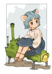 Rule 34 | 1girl, akai sashimi, animal ear fluff, animal ears, blouse, blue eyes, blue hair, blue skirt, blush, border, brown footwear, cat ears, closed mouth, dirt, dot mouth, dot nose, expressionless, from side, full body, high-waist skirt, highres, hugging own legs, knees up, legs together, long skirt, long sleeves, looking away, looking to the side, mary janes, no socks, original, outdoors, outside border, own hands together, puffy long sleeves, puffy sleeves, shirt, shoes, short hair, signature, sitting, skirt, solo, white border, white shirt
