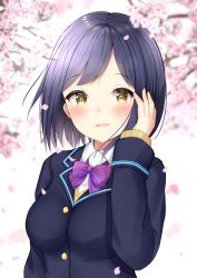 Rule 34 | 1girl, blue hair, blush, bow, breasts, cherry blossoms, commentary request, day, dot nose, hand in own hair, highres, jacket, long sleeves, looking at viewer, nari (narikashi), nijisanji, outdoors, purple bow, purple neckwear, school uniform, shirt, shizuka rin, short hair, smile, solo, virtual youtuber, yellow eyes