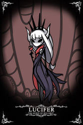 Rule 34 | 1girl, absurdres, alcohol, arm at side, arthropod girl, artist name, black dress, character name, commentary, crown, cup, demon girl, dress, drinking glass, facing viewer, full body, helltaker, highres, holding, hollow knight, horns, long hair, low-tied long hair, lucifer (helltaker), mole, mole under eye, parody, red dress, solo, standing, style parody, taphris, white hair, white horns, wine, wine glass
