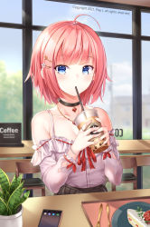 Rule 34 | 1girl, ahoge, bare shoulders, black choker, black skirt, blue eyes, blunt bangs, bnari, cake, cake slice, cellphone, character request, choker, collarbone, commentary request, copyright request, cup, disposable cup, drinking, drinking straw, drinking straw in mouth, food, fork, hair ornament, hairpin, highres, holding, holding cup, indoors, jewelry, korean commentary, looking at viewer, off-shoulder shirt, off shoulder, pendant, phone, pink hair, plant, plate, pleated skirt, potted plant, shirt, short hair, skirt, smartphone, solo, strawberry cake, table, tray, white shirt