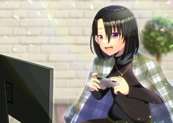 Rule 34 | 1girl, :d, black hair, black shirt, blurry, blurry background, brick wall, commentary request, commission, controller, copyright request, depth of field, flat screen tv, game controller, hair between eyes, holding, jacket, jacket on shoulders, kou hiyoyo, long sleeves, open mouth, parted bangs, plaid, plaid jacket, purple eyes, shirt, skeb commission, smile, solo, television, tree, unmoving pattern, virtual youtuber