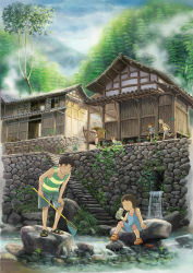Rule 34 | 2girls, 3boys, architecture, basket, brown hair, child, cloud, crab, day, dog, dress, east asian architecture, fishing net, fishing rod, forest, grass, hat, highres, house, multiple boys, multiple girls, nature, original, outdoors, plant, potted plant, rock, running, rural, sandals, scenery, shite kudasai, shorts, sitting, sky, stairs, standing, stone wall, straw hat, striped, tank top, tree, wall, water, waterfall