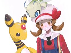 Rule 34 | 1girl, ampharos, blue overalls, blush stickers, bow, brown eyes, brown hair, cabbie hat, celebi, chome (meme chon), creatures (company), game freak, gen 2 pokemon, hat, hat bow, highres, legendary pokemon, long hair, looking down, lyra (pokemon), mythical pokemon, nintendo, on head, overalls, pokemon, pokemon (creature), pokemon hgss, pokemon on head, red bow, red shirt, shirt, smile, twintails, white headwear, yellow bag