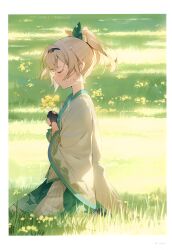 Rule 34 | 1girl, absurdres, blonde hair, blush, closed eyes, closed mouth, flower, from side, full body, grass, hair ribbon, hana mori, haori, highres, holding, holding flower, hololive, japanese clothes, kazama iroha, kneeling, long sleeves, ponytail, profile, ribbon, scan, solo, virtual youtuber, yellow flower
