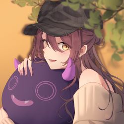 1girl, :d, absurdres, bangs, bare shoulders, blurry, blurry foreground, brown hair, cabbie hat, debi tarou, depth of field, from side, hair between eyes, hat, highres, idolmaster, idolmaster shiny colors, long hair, looking at viewer, looking to the side, object hug, odecono3, off-shoulder sweater, off shoulder, osaki tenka, open mouth, plaid headwear, smile, solo, stuffed toy, sweater, upper body, yellow eyes