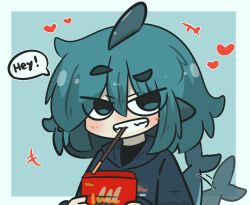 Rule 34 | +++, 1girl, afterimage, black hoodie, blue background, blue eyes, blue hair, blush, commentary request, english text, food, food in mouth, fuka-chan, grin, heart, highres, hood, hood down, hoodie, long hair, looking at viewer, mouth hold, original, pocky, short eyebrows, smile, solo, tail, tail wagging, thick eyebrows, two-tone background, uni souchou, upper body