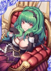 Rule 34 | 1girl, akkijin, black gloves, breasts, card (medium), chair, curtains, dress, gloves, green hair, hair ornament, hand fan, holding, holding fan, indoors, large breasts, long hair, looking at viewer, official art, orange eyes, purple dress, shinkai no valkyrie, sitting