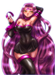 Rule 34 | 1girl, armpits, bare shoulders, black thighhighs, boken fantasy, breasts, cleavage, collar, detached sleeves, dress, fate/stay night, fate (series), female focus, groin, highres, hip focus, large breasts, long hair, medusa (fate), medusa (rider) (fate), navel, purple hair, simple background, solo, standing, thighhighs, thighs, very long hair, white background, wide hips, yellow eyes