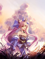 Rule 34 | 10s, 1girl, animal ears, blue legwear, breasts, cleavage, cloud, cloudy sky, detached sleeves, fate/extra, fate (series), fox ears, fox tail, hair ribbon, highres, japanese clothes, large breasts, long hair, nature, obi, outdoors, pink hair, ribbon, sash, sky, solo, tail, tamamo no mae (fate/extra), twilight, yellow eyes