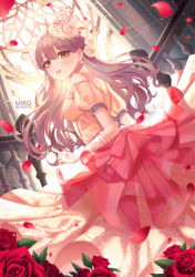 Rule 34 | 1girl, artist name, bang dream!, clenched hand, dress, earrings, elbow gloves, floral print, flower, gloves, grey hair, hair flower, hair ornament, highres, indoors, jewelry, long hair, looking at viewer, looking back, minato yukina, miro (2miro2), overskirt, parted lips, petals, print dress, railing, red flower, red rose, rose, rose petals, short sleeves, solo, twitter username, white flower, white gloves, white rose, window, yellow eyes