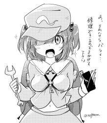 Rule 34 | 1girl, between breasts, blush stickers, breast lift, breasts, greyscale, hair bobbles, hair ornament, hands up, hat, kawashiro nitori, key, looking at viewer, midriff, monochrome, one eye covered, open mouth, sparkle, taurine 8000mg, touhou, translation request, twintails, twitter username, two side up, wrench