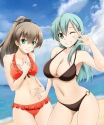 Rule 34 | 10s, 2girls, aqua eyes, aqua hair, beach, bikini, blue eyes, blush, breasts, brown bikini, brown hair, cloud, collarbone, day, embarrassed, finger to eye, frilled bikini, frills, fuuma nagi, gluteal fold, green eyes, grin, hair between eyes, hair ornament, hairclip, halterneck, hand on own chest, hand on own stomach, kantai collection, kumano (kancolle), large breasts, long hair, looking at viewer, medium breasts, multiple girls, navel, o-ring, o-ring bottom, one eye closed, outdoors, ponytail, red bikini, simple background, smile, suzuya (kancolle), swimsuit, upper body, v, white background