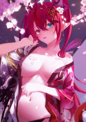Rule 34 | 1girl, absurdres, black panties, blue eyes, branch, breasts, cherry blossoms, crossed bangs, double halo, earrings, falling petals, flower, hair between eyes, hair flower, hair ornament, halo, hand up, heterochromia, highres, hololive, hololive english, horns, irys (hololive), irys (new year) (hololive), japanese clothes, jewelry, jiang ye kiri, kimono, large breasts, light blush, long hair, looking at viewer, multicolored clothes, multicolored hair, multicolored kimono, navel, open clothes, open kimono, panties, parted lips, petals, pink eyes, pointy ears, print kimono, purple hair, red hair, solo, star halo, streaked hair, string panties, underwear, upper body, very long hair, virtual youtuber, white flower, wide sleeves