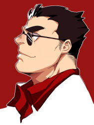 Rule 34 | 1boy, bara, facial hair, from side, helltaker, helltaker (character), long sideburns, looking ahead, male focus, mature male, portrait, profile, red background, round eyewear, short hair, sideburns, sideburns stubble, smile, solo, stubble, sunglasses, thick eyebrows, ttn (239 239)