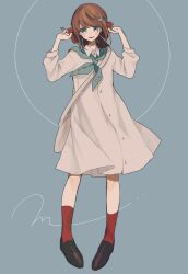 Rule 34 | 1girl, absurdres, aqua neckerchief, bag, black footwear, blue background, blue eyes, brown hair, dress, full body, hair ornament, hairclip, hands up, highres, loafers, long sleeves, looking at viewer, maco22, neckerchief, open mouth, original, red socks, ribbon, shoes, shoulder bag, signature, simple background, smile, socks, solo, standing, white dress