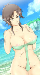 Rule 34 | 1girl, amaha masane, beach, breasts, brown hair, highres, large breasts, ocean, swimsuit, witchblade