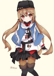 Rule 34 | 1girl, anchor, black bow, black skirt, blue shawl, blush, boots, bow, brown hair, brown pantyhose, closed mouth, fur hat, hair between eyes, hair ornament, hairclip, hat, jacket, kantai collection, looking at viewer, lrdssprd, miniskirt, pantyhose, papakha, red eyes, red shirt, scarf, shawl, shirt, simple background, skirt, smile, solo, star (symbol), tashkent (kancolle), torn clothes, torn scarf, toy, white background, white jacket, white scarf
