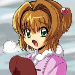 Rule 34 | 1990s (style), breath, brown hair, cardcaptor sakura, child, green eyes, hair bobbles, hair ornament, kinomoto sakura, mittens, non-web source, retro artstyle, short hair, solo, twintails, two side up, winter clothes