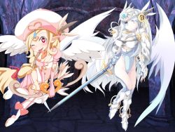 Rule 34 | angel, arrow (projectile), blonde hair, blue eyes, bow (weapon), cupid (mon-musu quest!), mon-musu quest!, pink eyes, pointy ears, sword, tongue, victoria (mon-musu quest!), weapon, white hair, wings