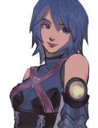 Rule 34 | 1girl, aqua (kingdom hearts), armor, bare shoulders, bloodtual, blue eyes, blue hair, chest strap, corset, detached sleeves, elbow pads, halterneck, kingdom hearts, looking to the side, sleeveless, smile, upper body, white background
