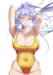 Rule 34 | 1girl, arm behind head, armpits, blue hair, blueorca, breasts, commentary, covered navel, cowboy shot, english commentary, closed eyes, highleg, highleg leotard, highres, large breasts, leotard, lips, long hair, original, parted lips, simple background, solo, white background, yellow leotard