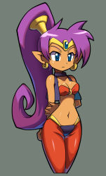 Rule 34 | 1girl, alternate costume, bandana, bandeau, blue eyes, bracer, breasts, choker, circlet, cleavage, cowboy shot, cropped legs, dark-skinned female, dark skin, earrings, forehead jewel, grey background, highres, holding own arm, hoop earrings, jewelry, long hair, lots of jewelry, makoto yabe, md5 mismatch, medium breasts, midriff, navel, official art, pointy ears, ponytail, purple hair, resolution mismatch, shantae, shantae (series), shantae and the pirate&#039;s curse, simple background, solo, tiara, very long hair, vest, wide hips