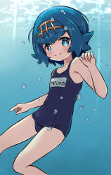 Rule 34 | 1girl, bare arms, bare legs, bare shoulders, blue eyes, blue hair, blue one-piece swimsuit, blue theme, blush, bubble, child, closed mouth, collarbone, covered navel, creatures (company), day, flat chest, game freak, hairband, lana (pokemon), looking at viewer, looking to the side, nekono rin, nintendo, one-piece swimsuit, outdoors, pokemon, pokemon sm, smile, solo, swimsuit, underwater